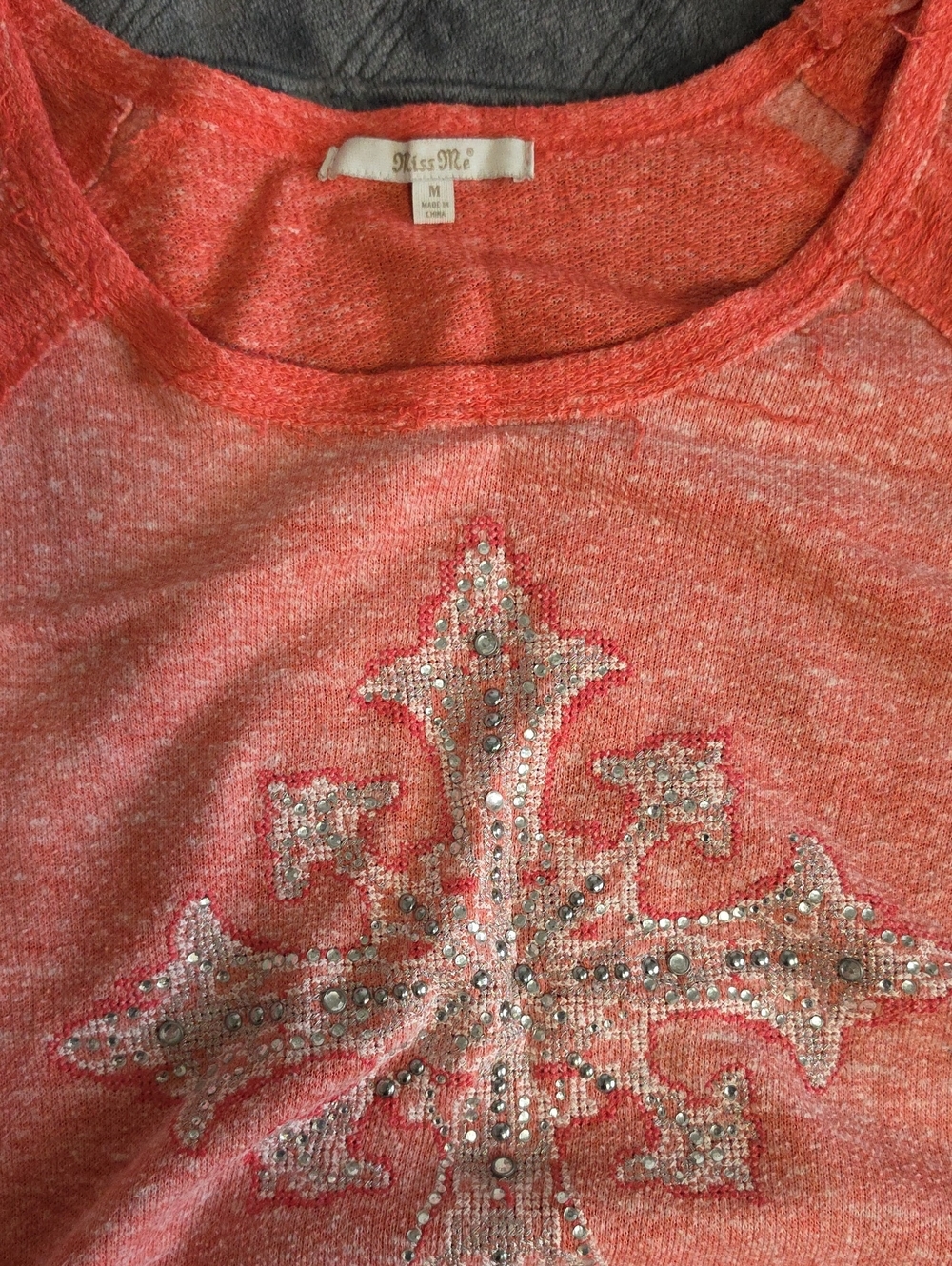 Miss Me Coral Scoop Neck Sweater with Rhinestone Cross Motif